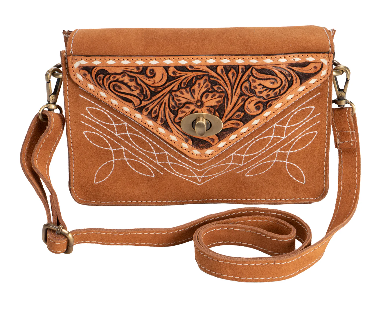 Fort Worth Tooled Roughout Leather Handbag -Tan