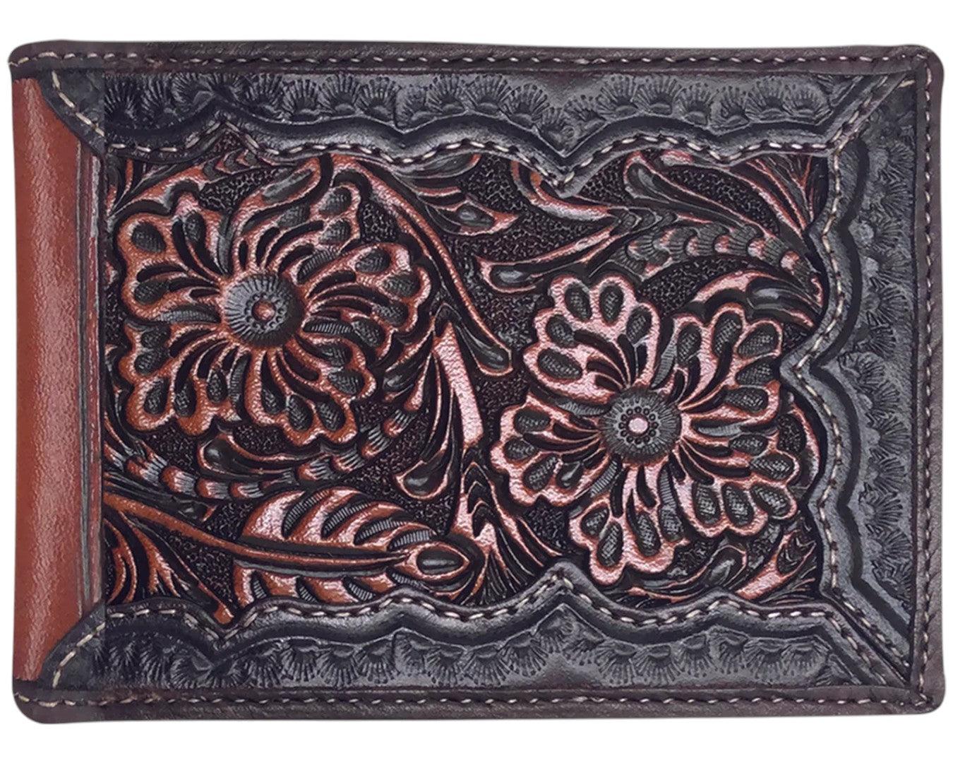 Roper Bi-Fold Tooled Leather Wallet - Dark Brown